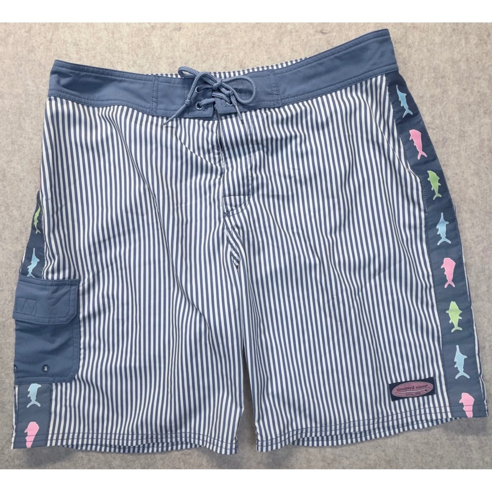 Vineyard Vines Board Shorts Mens 33 Blue Striped Fish‎ Tape Detail Swim Trunks